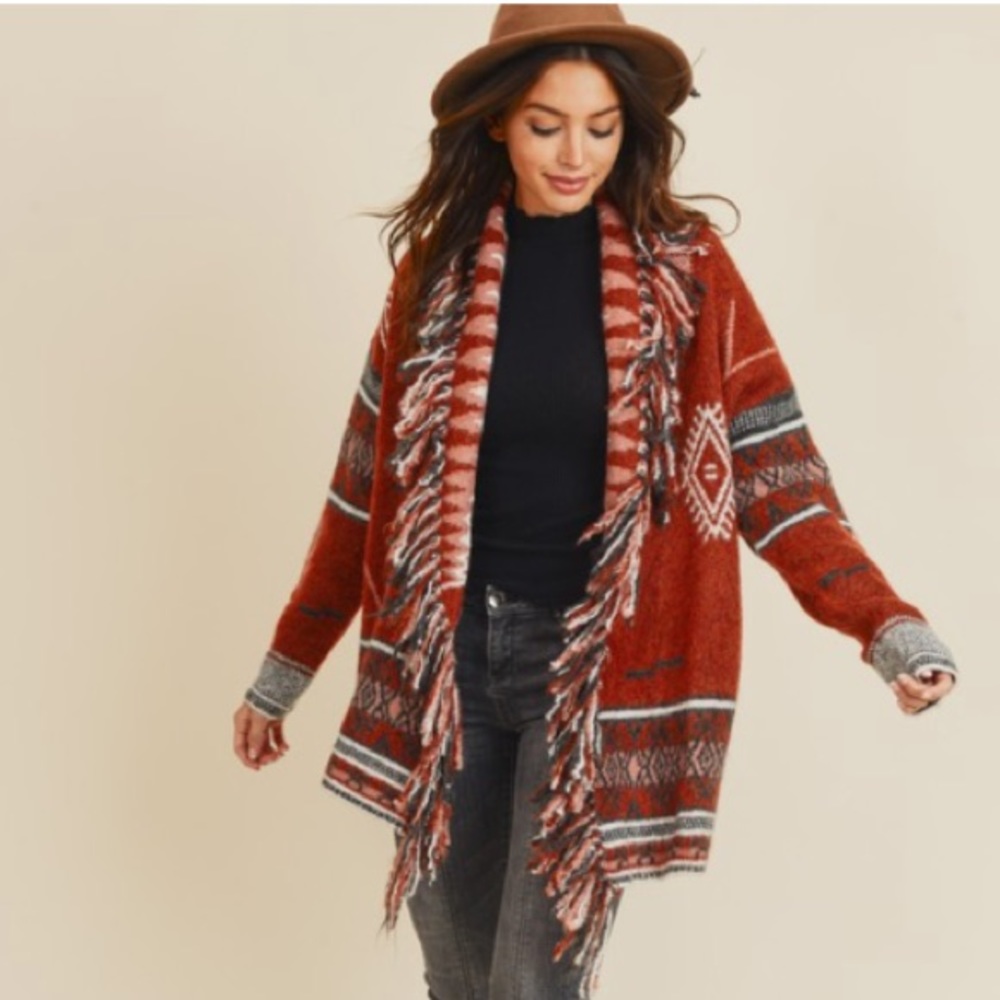 Boho Aztec Print Fringe Detail Cardigan - Picture 16 of 16